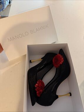 Manolo Blahnik Black Polka Dot Mesh Pumps with Red Floral Appliqué